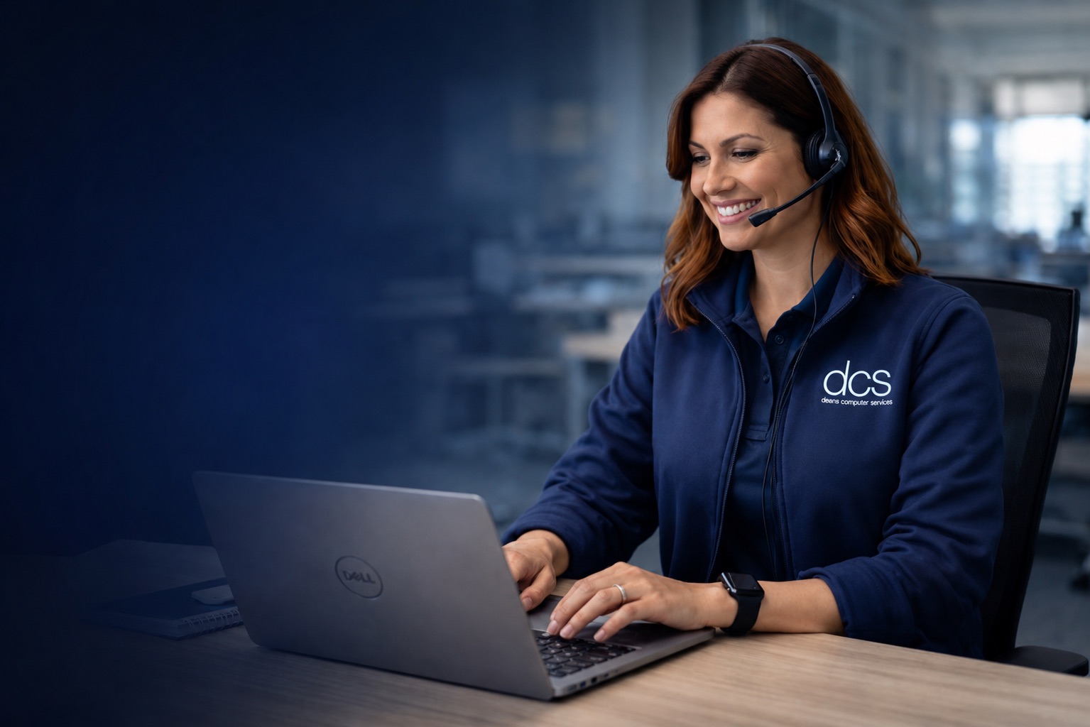 A Deans Computer Services support specialist helping a customer